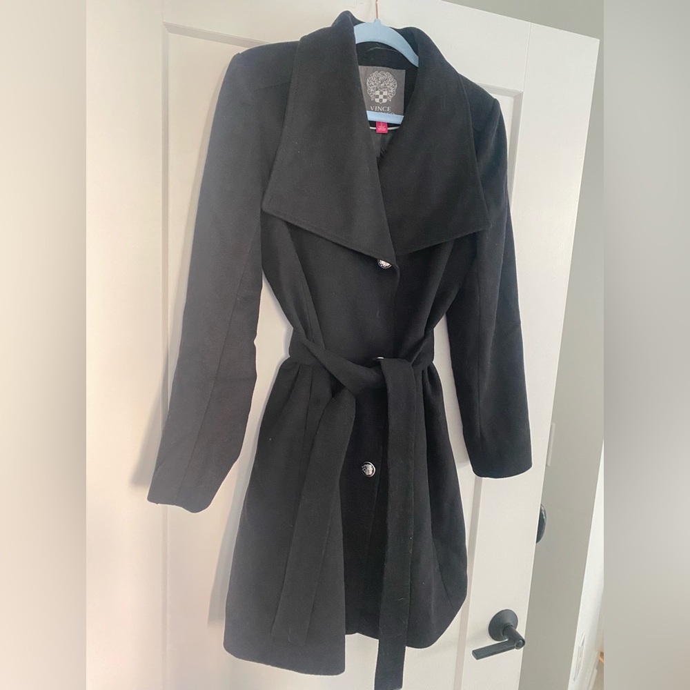 Vince Camuto Black Belted Wool-Blend Trench Coat